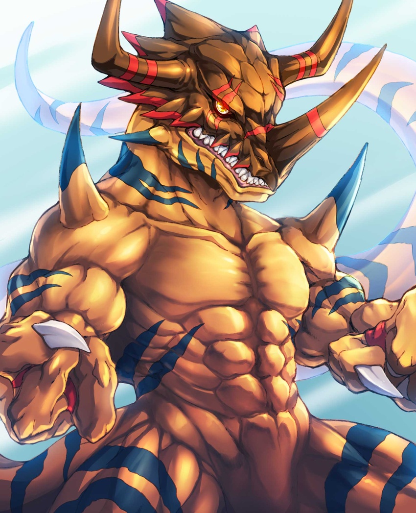 1boy abs claws clenched_hand closed_mouth cowboy_shot digimon digimon_(creature) digimon_savers geogreymon glowing glowing_eyes highres horns looking_ahead male_focus muscular muscular_male no_humans pectorals scar scar_across_eye scar_on_face sharp_teeth solo tail teeth thick_thighs thighs tosaka_rai