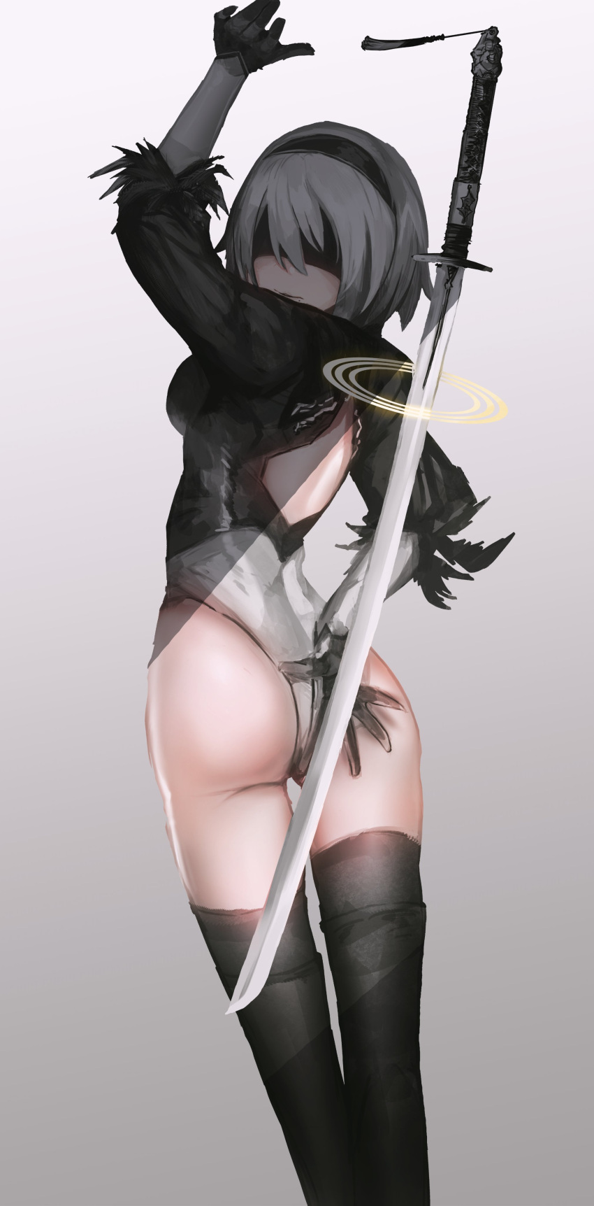 2b_(nier:automata) absurdres advarcher arm_behind_back arm_up ass back_cutout black_blindfold black_gloves black_hairband black_thighhighs blindfold clothing_cutout covered_eyes facing_viewer feather-trimmed_sleeves female from_behind gloves gradient_background hairband highleg highleg_leotard highres katana leotard long_sleeves looking_back mole mole_under_mouth nier:automata nier_(series) solo sword thigh_gap thighhighs thighs thong_leotard variant_set virtuous_contract weapon white_leotard