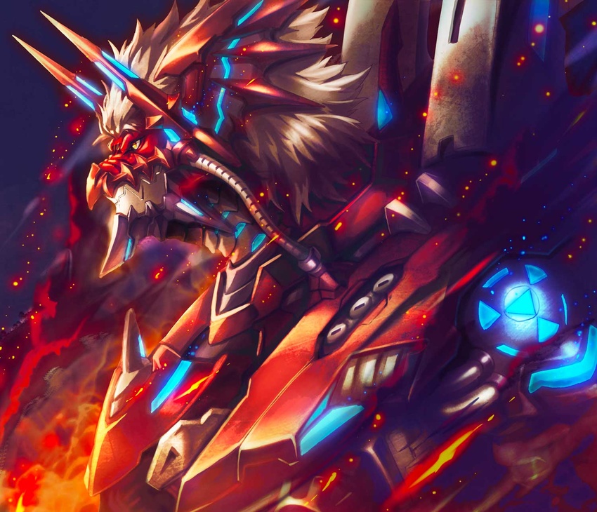 1boy armor closed_mouth digimon digimon_(creature) fire from_side glowing glowing_armor highres looking_ahead male_focus mecha megalogrowmon night platinum_blonde_hair red_eyes robot smoke solo sparkle spikes tosaka_rai upper_body