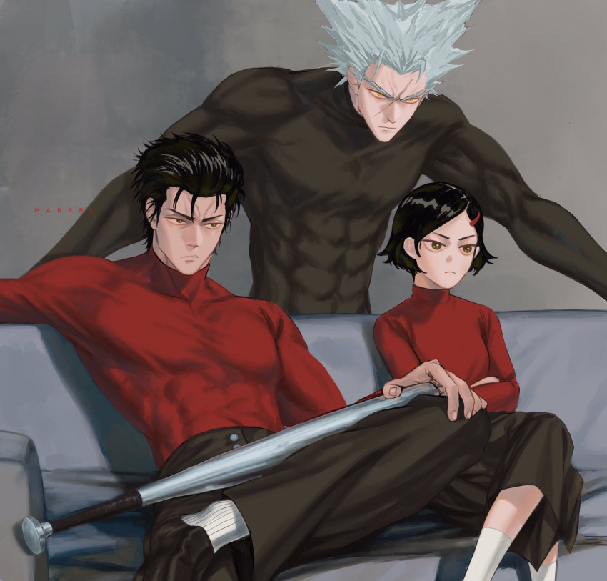 2boys abs baseball_bat black_eyes black_hair black_skirt brother_and_sister brown_eyes closed_mouth couch crossed_arms female frown garou_(one-punch_man) grey_hair hair_ornament hair_slicked_back hairpin highres kinzoku_bat long_sleeves looking_away marrbl multiple_boys muscular muscular_male on_couch one-punch_man pants parted_bangs pointy_hair scar scar_on_face shoes short_hair siblings sitting skin_tight skirt socks spiked_hair tight_clothes turtleneck weapon white_legwear yellow_eyes zenko_(one-punch_man)