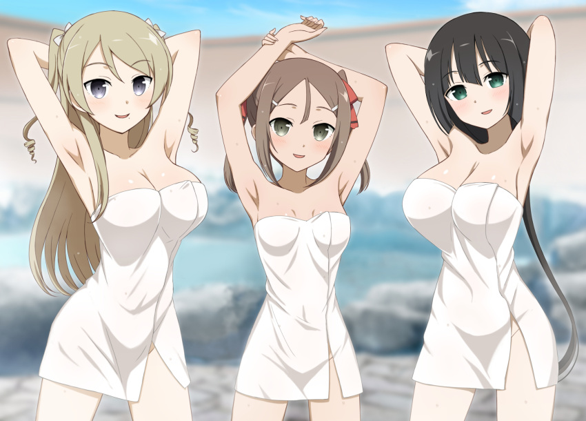 3girls armpits arms_up black_hair blonde_hair blush bow breasts brown_hair green_eyes grey_eyes hair_ribbon hairbow highres ikarin_takori kusunoki_mebuki_wa_yuusha_de_aru large_breasts long_hair looking_at_viewer low_ponytail miroku_yumiko miyoshi_karin mole mole_under_mouth multiple_girls naked_towel onsen red_ribbon ribbon same-sex_bathing shared_bathing small_breasts smile tougou_mimori towel twintails very_long_hair white_bow yuuki_yuuna_wa_yuusha_de_aru yuusha_de_aru