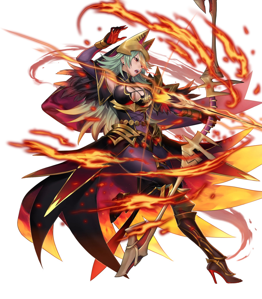 armor armored_boots arrow_(projectile) bare_shoulders bodysuit boots bow_(weapon) breasts cleavage dark_skin earrings feather_trim female fire fire_emblem fire_emblem_heroes flaming_eye full_body gloves gold_trim gradient_clothes gradient_hair green_eyes hat high_heels highres holding holding_bow_(weapon) holding_weapon jewelry laegjarn_(fire_emblem) laegjarn_(flame_ascendant)_(fire_emblem) large_breasts lips long_hair looking_away makeup multicolored_hair non-web_source official_art open_mouth orange_hair p-nekor pantyhose purple_bodysuit purple_lips red_eyes shiny_clothes shoulder_armor sleeveless solo transparent_background two-tone_hair weapon