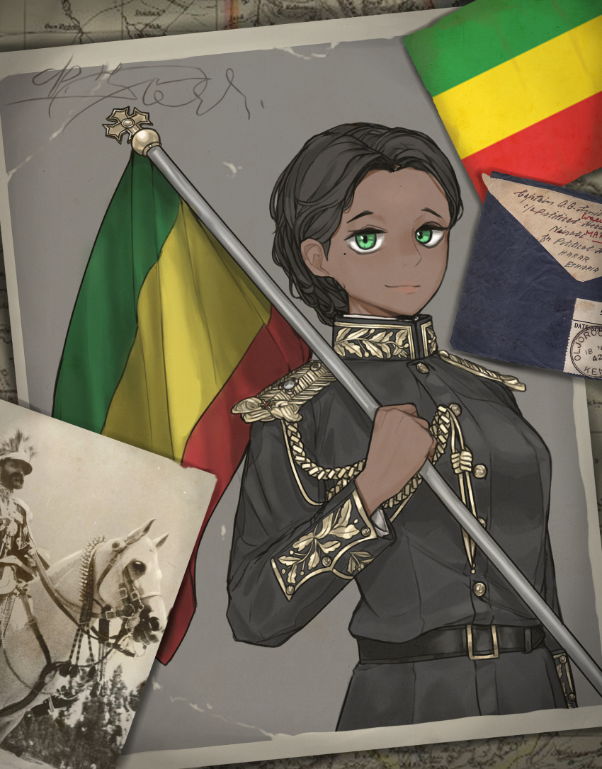 aiguillette belt black_hair commentary dark-skinned_female dark_skin english_commentary epaulettes ethiopia ethiopian_flag female flag green_eyes hearts_of_iron highres holding holding_flag horse kaiserreich military military_uniform photo_(object) pzkpfwi uniform very_dark_skin