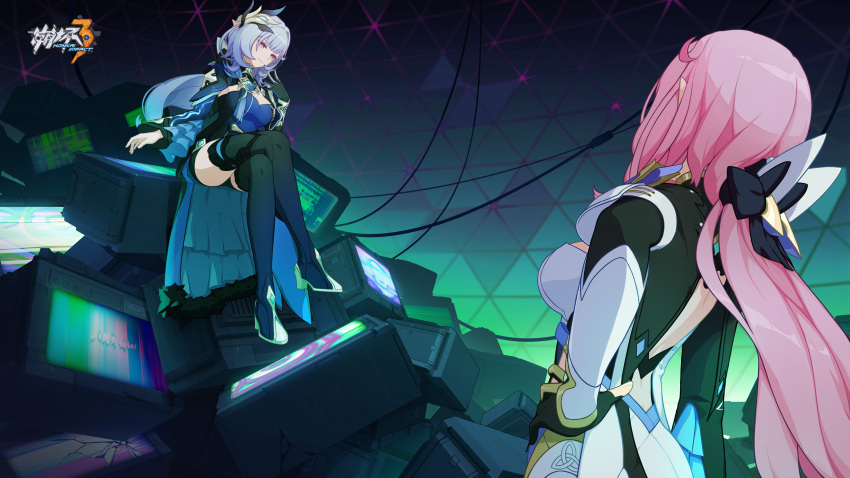 2girls black_thighhighs blue_hair breasts chinese_commentary cleavage commentary_request crossed_legs elysia_(honkai_impact) elysia_(miss_pink_elf)_(honkai_impact) hand_on_own_hip herrscher_of_corruption highres honkai_(series) honkai_impact_3rd indoors large_breasts logo looking_at_another multiple_girls official_alternate_costume official_art official_wallpaper open_hand pink_hair pointy_ears sitting television thighhighs