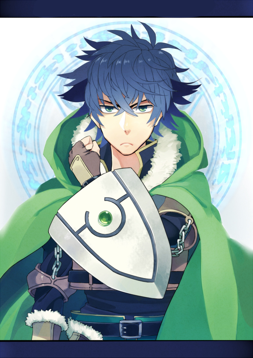 1boy armor black_hair buckler cape frown fur-trimmed_armor fur-trimmed_cape fur-trimmed_gloves fur_trim gloves green_eyes highres iwatani_naofumi looking_at_viewer male_focus rotten_tofu shield short_hair solo tate_no_yuusha_no_nariagari