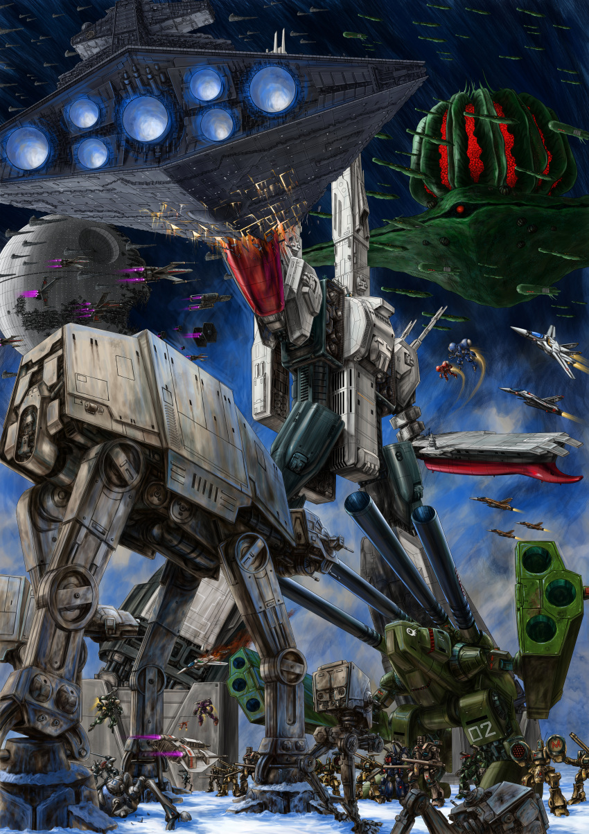 a/sf-01_b-wing absurdres alien armor at-at at-at_walker at-st battle boddole_zer commentary_request crossover daedalus_attack damaged death_star debris destroid energy_cannon fleet flying galactic_empire glaug hat highres hoth jolly_roger macross macross:_do_you_remember_love? mecha military military_hat millennium_falcon missile_pod monster_destroid non-humanoid_robot nousjadeul-ger nupetiet-vergnitzs phalanx_(destroid) power_armor prometheus_(ship) queadluun-rau queadol-magdomilla quiltra-queleual regult robot robotech roundel science_fiction sdf-1 snow snowspeeder space_station spacecraft spartan_(destroid) star_destroyer star_wars starfighter t-65_x-wing thrusters tie_fighter tomahawk_(destroid) u.n._spacy variable_fighter vf-1 vf-1a vf-1s walker_(robot) wreckage x-wing y-wing zandan_zero_to_na!? zentradi