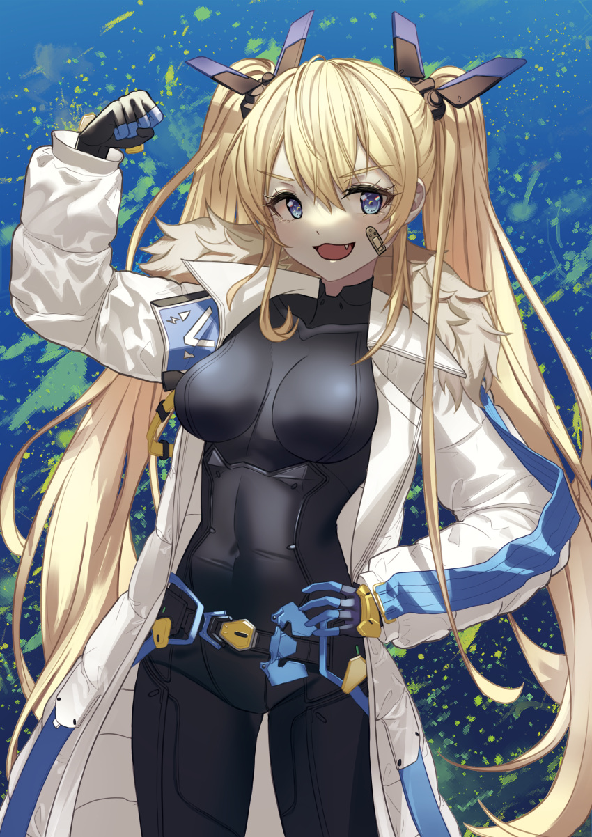 :3 :d absurdres bandaid bandaid_on_cheek bandaid_on_face belt black_bodysuit black_gloves blonde_hair blue_eyes bodysuit breasts coat commentary covered_collarbone covered_navel cowboy_shot disgustingtokki female flexing fur-trimmed_coat fur_trim gloves goddess_of_victory:_nikke hair_between_eyes hand_on_own_hip headgear highres laplace_(nikke) long_hair long_sleeves looking_at_viewer medium_breasts oerba_yun_fang open_clothes open_coat open_mouth sidelocks smile solo standing twintails two-tone_gloves white_coat