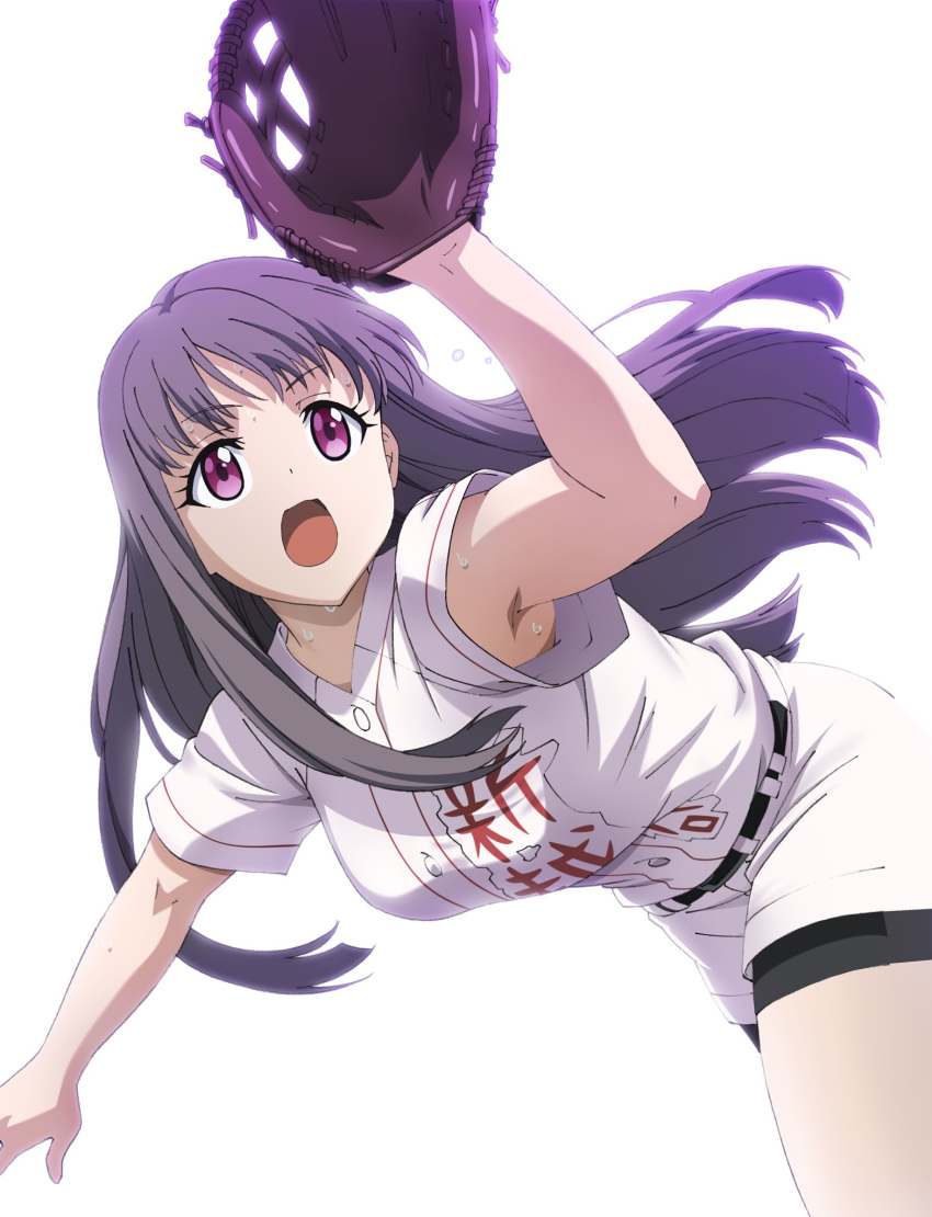 armpits baseball baseball_bat baseball_jersey baseball_mitt baseball_uniform belt bike_shorts bike_shorts_under_shorts breasts clothes_writing female fujiwara_risa gloves helmet highres jersey kikuta_kouichi large_breasts long_hair official_art open_mouth outstretched_arms purple_eyes purple_hair short_sleeves shorts simple_background sportswear sweat tamayomi thighs uniform white_background