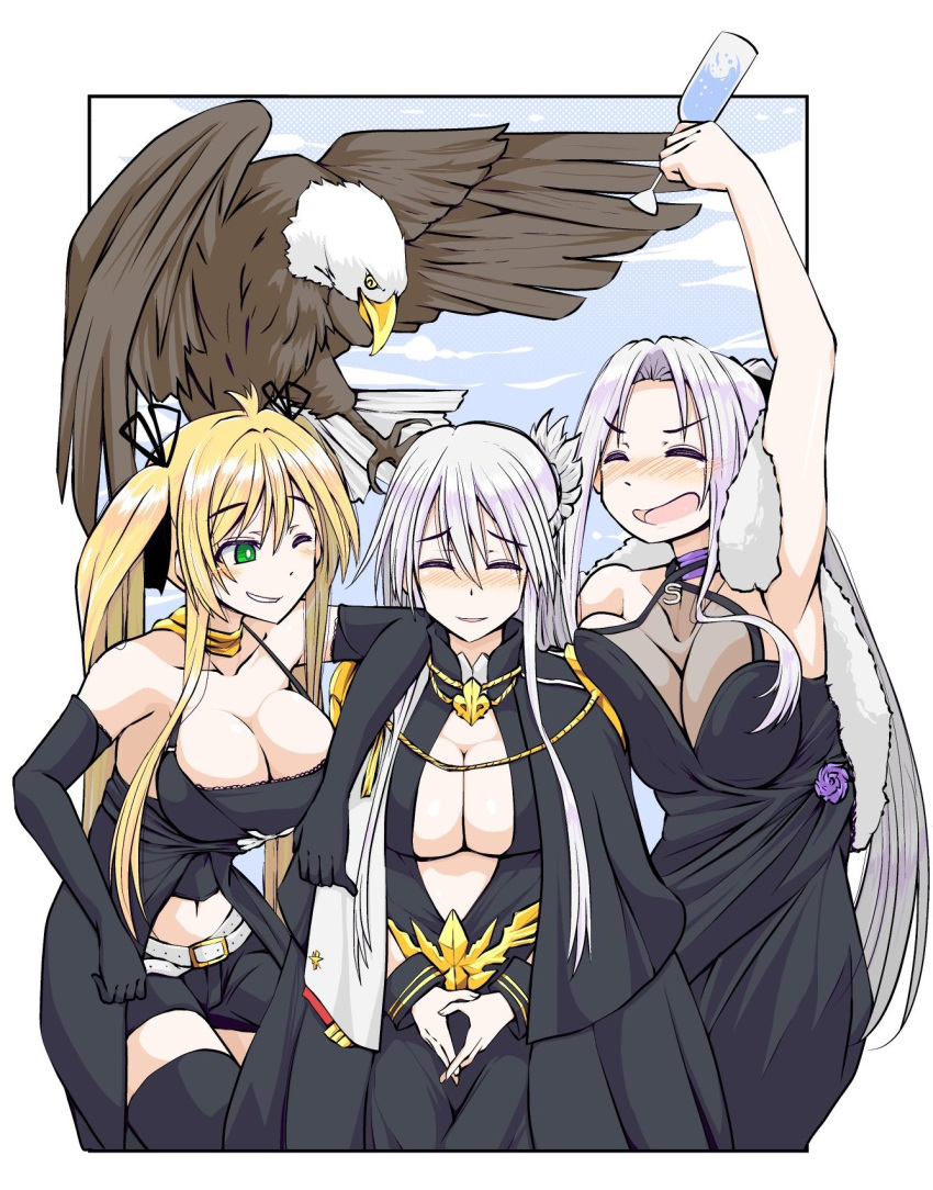 3girls azur_lane bald_eagle bare_shoulders bird blonde_hair blush breasts champagne_flute cleavage commentary_request cup dress drinking_glass eagle enterprise_(azur_lane) enterprise_(heroic_finery)_(azur_lane) evening_gown grim_(azur_lane) hat highres hornet_(azur_lane) hornet_(bubbly_anniversary!)_(azur_lane) imagawa_akira large_breasts long_hair multiple_girls open_mouth sleeveless twintails very_long_hair white_hair yorktown_(azur_lane) yorktown_(evening_i_can't_remember)_(azur_lane)