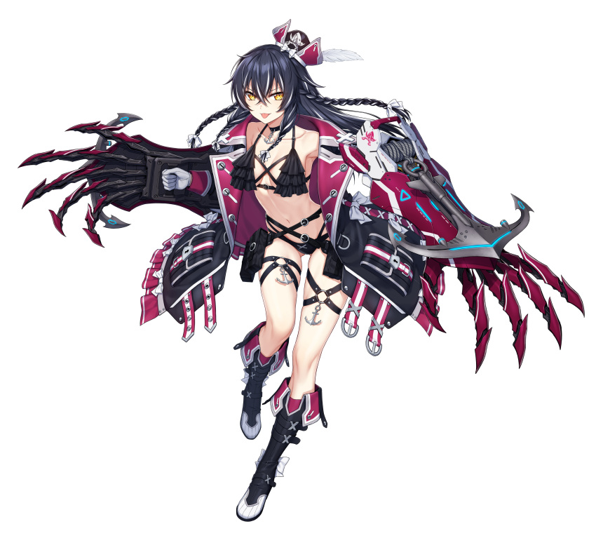 absurdres alpha_transparency anchor armpits bare_shoulders bikini black_bikini black_choker black_footwear black_hair black_legwear boots braid breasts choker collarbone counter:side dracasia feathers female full_body gloves highres long_hair looking_at_viewer navel off_shoulder official_art open_clothes solo stomach swimsuit tachi-e thigh_strap tongue tongue_out transparent_background white_gloves yellow_eyes