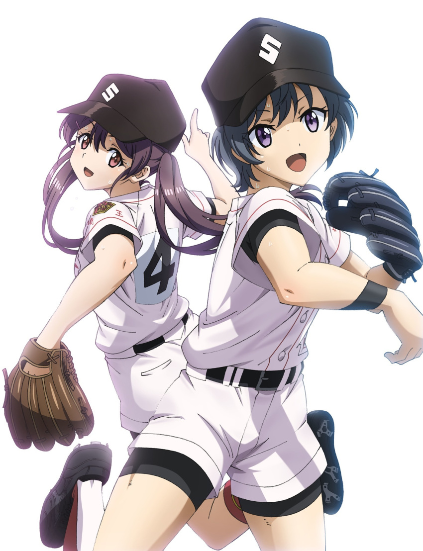 2girls baseball baseball_bat baseball_cap baseball_jersey baseball_mitt baseball_uniform belt bike_shorts bike_shorts_under_shorts black_footwear blue_hair clothes_writing fujita_sumire gloves hat helmet highres jersey kawasaki_ryou kikuta_kouichi long_hair multiple_girls official_art open_mouth pointing purple_eyes purple_hair red_legwear short_hair short_sleeves shorts simple_background smile sportswear standing tamayomi twintails uniform white_background white_legwear wristband