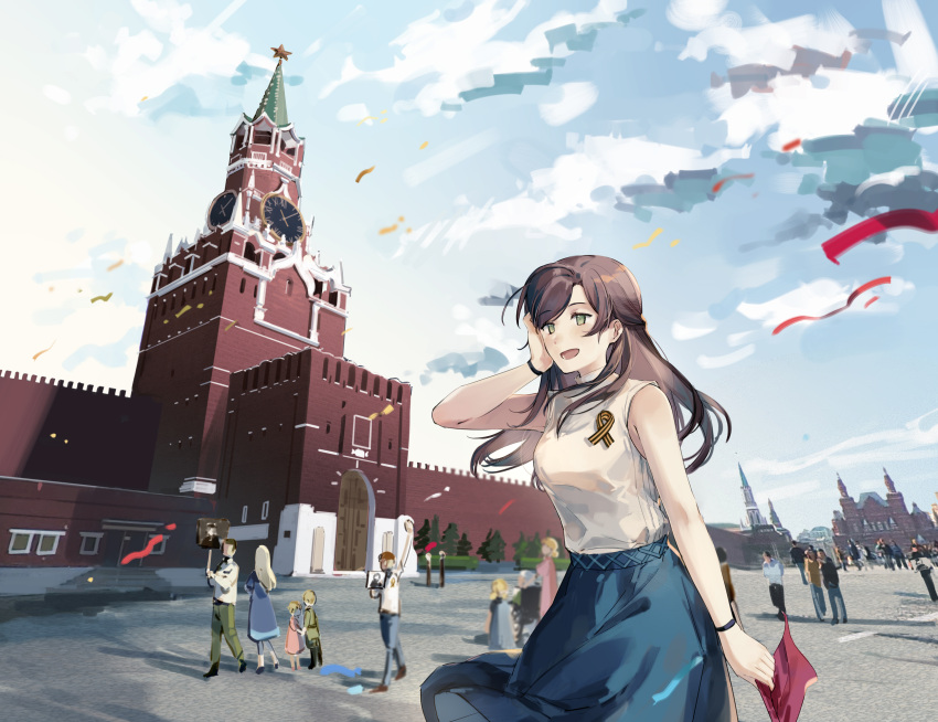 6+boys 6+girls :d architecture bare_shoulders blue_skirt blue_sky bracelet brown_hair chinese_commentary cloud cloudy_sky commentary_request confetti green_eyes highres jewelry kremlin long_hair looking_at_viewer moscow moscow_kremlin multiple_boys multiple_girls open_mouth outdoors ribbon_of_saint_george rosa_(tears_of_themis) russia scenery shirt short_sleeves skirt sky smile tears_of_themis white_shirt yorktown_cv-5