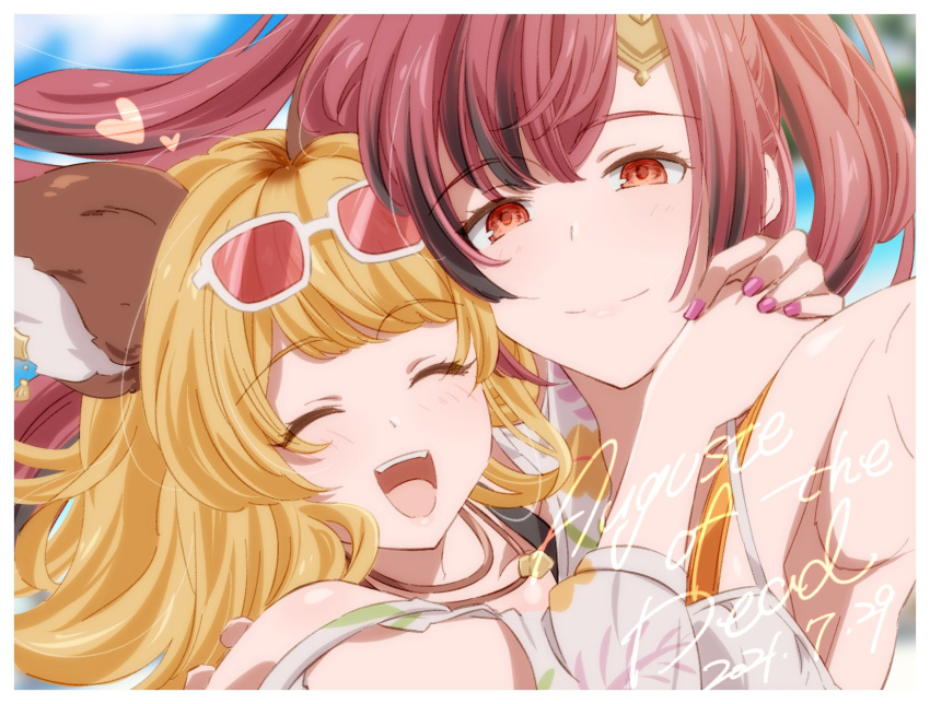 2girls animal_ears arms_around_neck blonde_hair blush border closed_mouth commentary_request dated erune eyewear_on_head facing_viewer granblue_fantasy heart highres jewelry long_hair looking_at_viewer mari_(granblue_fantasy) meg_(granblue_fantasy) multicolored_hair multiple_girls necklace open_mouth pink_nails pochi-a red_eyes red_hair selfie smile streaked_hair sunglasses teeth upper_body upper_teeth_only white_border yuri