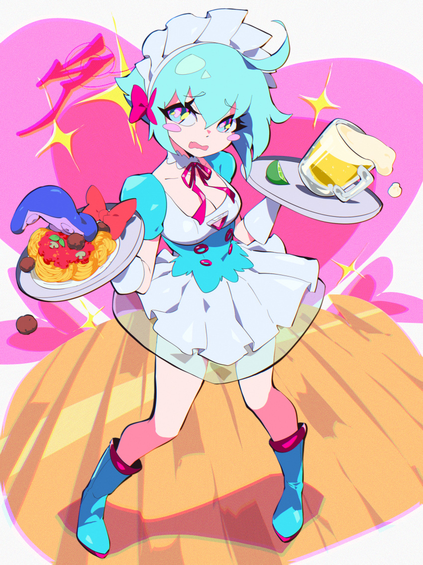 absurdres aetherion ahoge alcohol alternate_costume aqua_eyes aqua_hair beer beer_mug blue_footwear blush blush_stickers boots breasts calamari cleavage cup detached_collar dress enmaided female food full_body highres holding holding_tray maid meatball medium_breasts mug multicolored_eyes nervous open_mouth original pasta pink_eyes puffy_short_sleeves puffy_sleeves short_dress short_hair short_sleeves solo space_girl_(aetherion) spaghetti spaghetti_and_meatballs tray wooden_floor