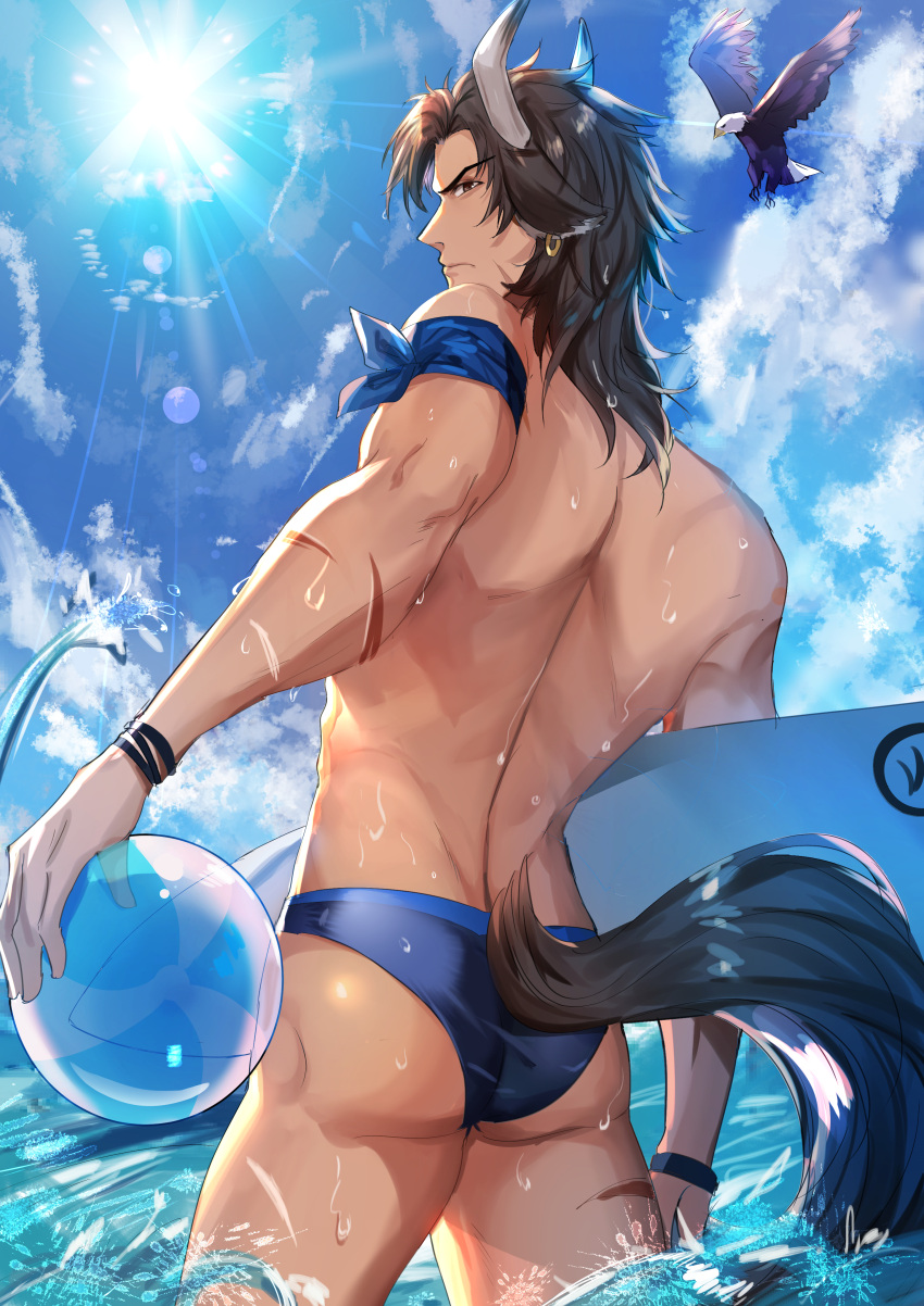 1boy absurdres animal_ears arknights ass ball bird blue_male_swimwear blue_sky brown_eyes brown_hair clenched_butt cow_boy cow_ears cow_horns eagle feet_out_of_frame from_behind from_below highres holding holding_surfboard horns looking_at_viewer looking_back male_focus male_swimwear matterhorn_(arknights) matterhorn_(beach_guard)_(arknights) official_alternate_costume shanguier sky solo surfboard thighs toned toned_male topless_male volleyball volleyball_(object)