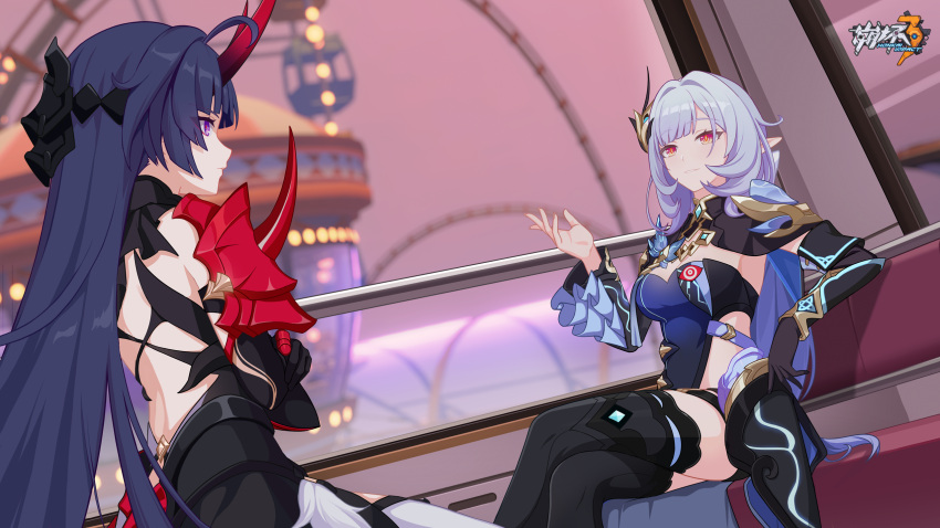 2girls amusement_park arm_support armor back black_gloves black_thighhighs blue_hair breasts chinese_commentary cleavage commentary_request crossed_arms crossed_legs elysia_(honkai_impact) elysia_(miss_pink_elf)_(honkai_impact) ferris_wheel_interior gloves herrscher_of_corruption highres honkai_(series) honkai_impact_3rd horns japanese_armor japanese_clothes large_breasts long_hair looking_at_another multiple_girls official_alternate_costume official_art official_wallpaper parted_lips pointy_ears purple_eyes raiden_mei raiden_mei_(herrscher_of_thunder) red_horns single_glove sitting talking thighhighs upper_body very_long_hair