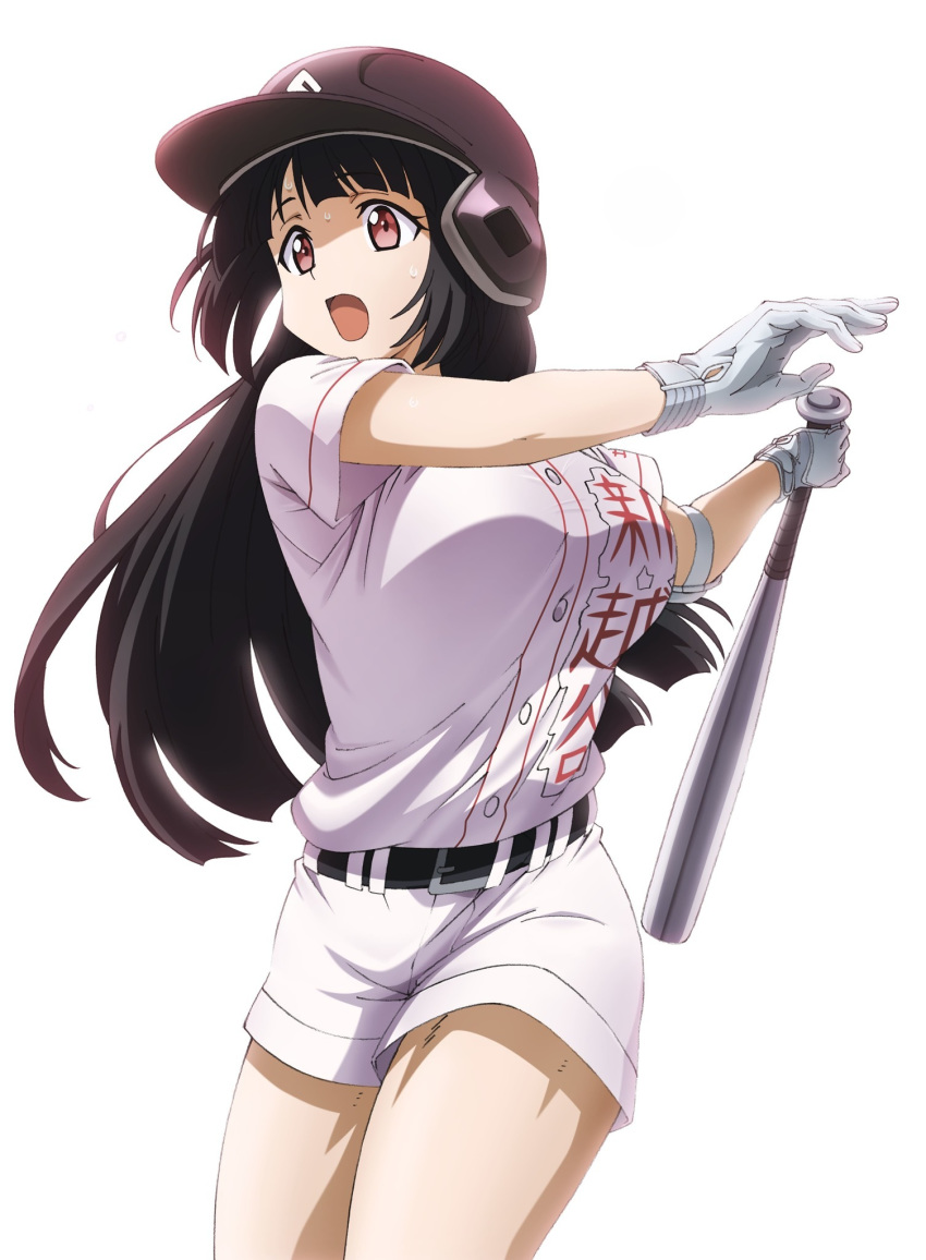 baseball baseball_bat baseball_helmet baseball_jersey baseball_uniform belt black_hair blunt_bangs brown_eyes clothes_writing female gloves hat helmet highres hime_cut jersey kikuta_kouichi long_hair muscular official_art oomura_shiragiku open_mouth short_sleeves shorts simple_background sportswear standing sweat swinging tamayomi thighs uniform white_background