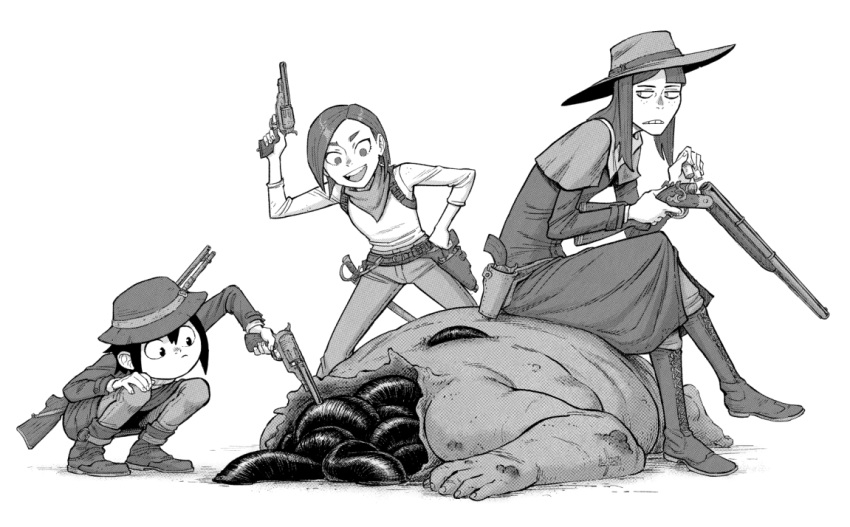 3girls asakusa_midori bandolier belt boots break_action corpse eizouken_ni_wa_te_wo_dasu_na! english_commentary finger_on_trigger freckles frown greyscale gun gun_on_back hat holding holding_gun holding_weapon holster hunt:_showdown kanamori_sayaka mcnostril meathead mizusaki_tsubame monochrome multiple_girls neckerchief open_mouth pants reloading revolver rifle shotgun sitting skirt smile squatting standing sword weapon weapon_on_back