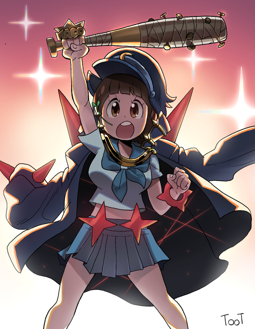 arm_up artist_name baseball_bat blue_sailor_collar blue_skirt bracelet brown_eyes brown_hair character_name clenched_hand commentary_request crescent crescent_hat_ornament female hat hat_ornament highres holding holding_weapon jacket jacket_on_shoulders jewelry kill_la_kill korean_commentary life_fiber mankanshoku_mako nail nail_bat open_mouth pleated_skirt sailor_collar shadow short_hair short_sleeves skirt solo star_(symbol) stomach teeth toot upper_teeth_only weapon