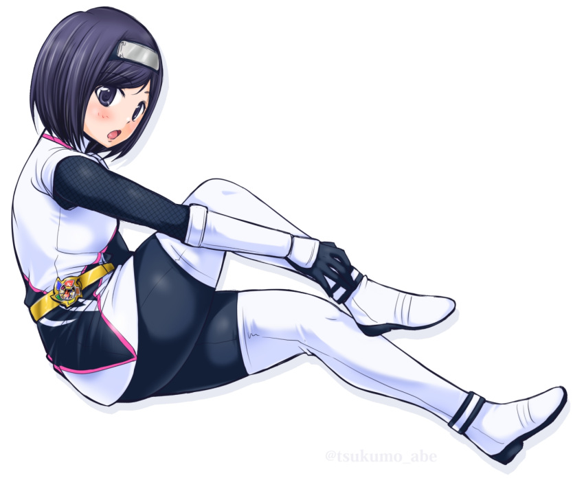 abe_tsukumo animification black_hair bodysuit breasts dress female gloves hairband highres igasaki_fuuka looking_at_viewer no_headwear open_mouth pantyhose shironinger short_hair shuriken_sentai_ninninger simple_background skirt solo super_sentai white_background