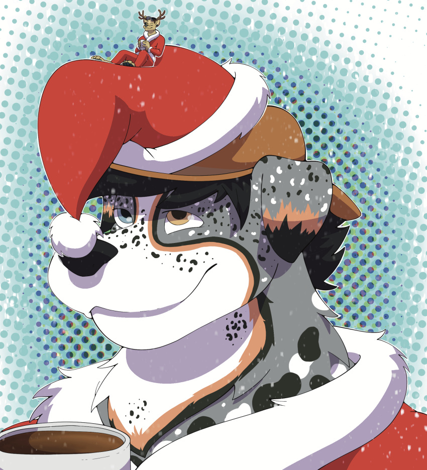 anthro australian_shepherd blue_eyes canid canine canis christmas christmas_clothing christmas_headwear cj_shepherd clothing costume deer digital_media_(artwork) domestic_dog duo fur giantboonehusky_(artist) hat headgear headwear herding_dog heterochromia hi_res holidays macro male mammal micro orange_eyes pastoral_dog santa_costume santa_hat sheepdog size_difference