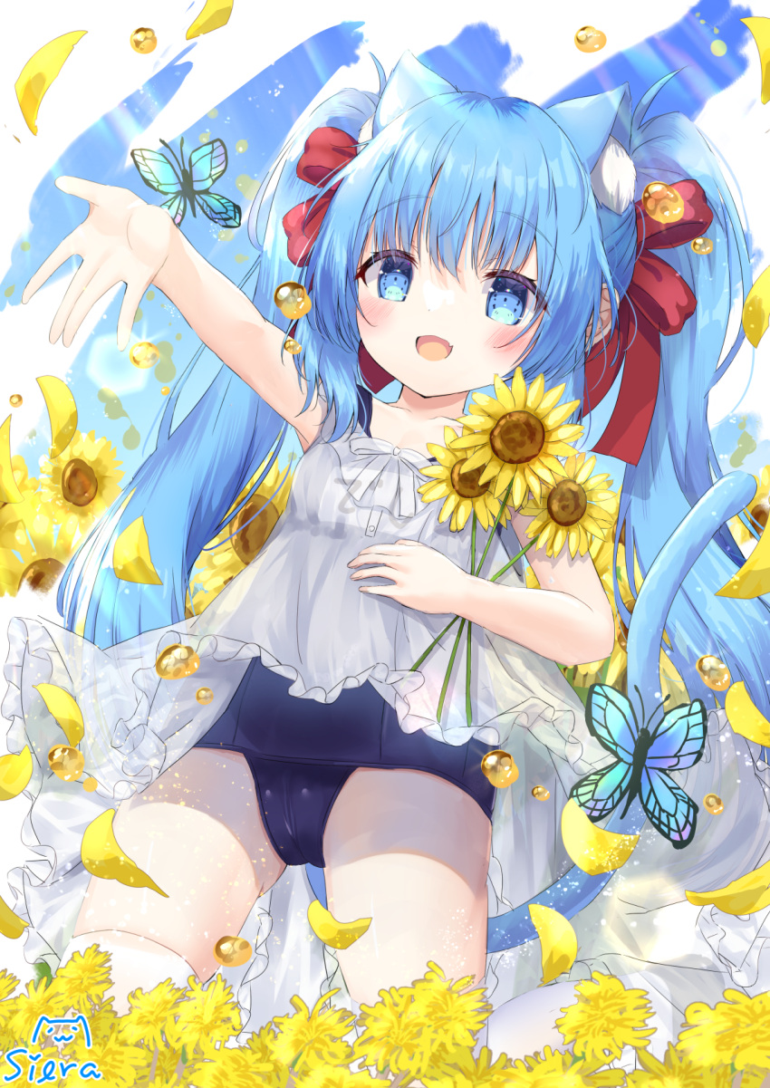 :d animal animal_ear_fluff animal_ears bare_arms bare_shoulders blue_eyes blue_hair blue_one-piece_swimsuit blush bow bug butterfly cat_ears cat_girl cat_tail collarbone commentary_request dress female flower frilled_dress frills hair_between_eyes hairbow highres hugging_object long_hair name_tag old_school_swimsuit one-piece_swimsuit original petals red_bow school_swimsuit see-through siera_(sieracitrus) sleeveless sleeveless_dress smile solo sunflower swimsuit swimsuit_under_clothes tail twintails very_long_hair white_dress yellow_flower