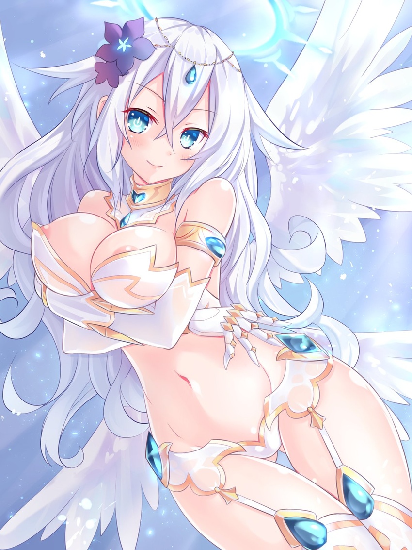 angel angel_wings areola_slip bare_shoulders black_heart_(neptunia) blue_eyes blush body_blush breasts elbow_gloves feathered_wings female flower four_goddesses_online:_cyber_dimension_neptune garter_straps gloves grey_hair hair_between_eyes hair_flower hair_ornament highres kazuneko_(wktk1024) long_hair looking_at_viewer medium_breasts navel neptune_(series) smile solo symbol-shaped_pupils very_long_hair wings