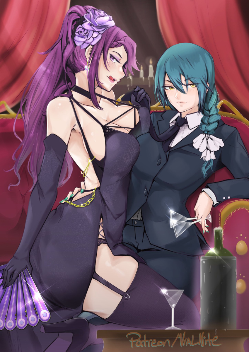 2girls alcohol artist_name asymmetrical_docking bare_shoulders bottle braid braided_ponytail breast_press breasts business_suit candle candle_wax candlelight chains cleavage couch cup curtains detached_sleeves dress drinking_glass earrings fire_emblem fire_emblem_heroes flower folding_fan formal garter_straps glass gloves gold_chain green_hair hair_flower hair_ornament hair_ribbon hand_fan hand_on_own_hip highres holding jewelry large_breasts licking_lips lips loki_(fire_emblem) long_hair looking_at_viewer multiple_girls necktie official_alternate_costume panties panty_peek patreon_username purple_eyes purple_hair ribbon single_braid sitting smile suit table thigh_straddling thighhighs thighs thorr_(fire_emblem) tongue tongue_out underwear vialnite wine_glass yellow_eyes