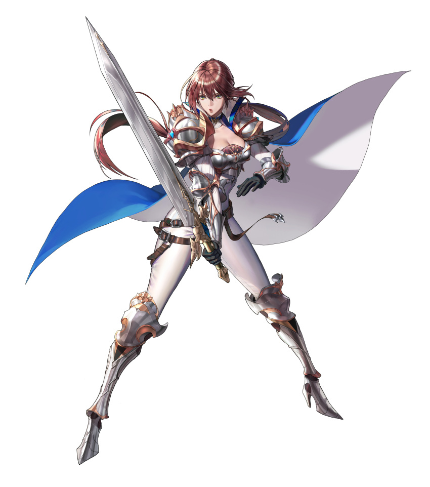 absurdres armor belt black_survival bodysuit breastplate breasts brown_hair cleavage female fiora_pellerin full_body greaves green_eyes hair_between_eyes high_heels highres large_breasts long_hair low_ponytail official_alternate_costume official_art parted_lips pauldrons ponytail shoulder_armor solo standing sword tachi-e third-party_source transparent_background vambraces very_long_hair weapon