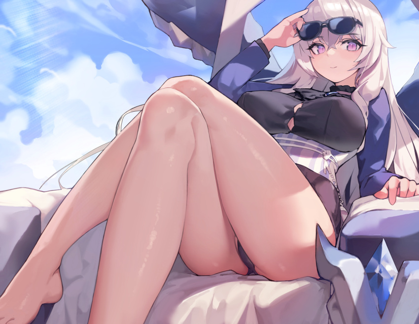 adjusting_eyewear arm_up ascot bad_id bad_pixiv_id bare_legs barefoot black-framed_eyewear black_coat black_panties breasts closed_mouth cloud cloudy_sky coat commentary corset crossed_legs day english_commentary eyewear_on_head feet feet_out_of_frame female hair_between_eyes hand_on_eyewear knees_up large_breasts legs lens_flare long_sleeves looking_at_viewer ludaf original outdoors panties purple_eyes revision sitting sky smile solo sunglasses underbust underwear white_hair