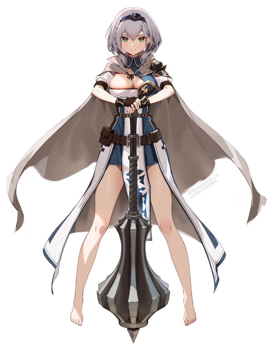 bad_id bad_pixiv_id bare_legs barefoot belt braid breasts brown_belt brown_gloves cape cleavage cloak closed_mouth elden_ring female fingerless_gloves flanged_mace full_body gloves green_eyes grey_hair hair_between_eyes hands_on_hilt headpiece highres holding holding_weapon hololive large_breasts legs looking_at_viewer mace medium_hair mole mole_on_breast patreon_username shirogane_noel shirogane_noel_(1st_costume) siino simple_background smile solo standing toes twitter_username virtual_youtuber wavy_hair weapon white_background white_cape