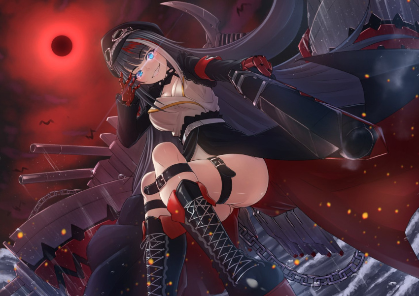 ass azur_lane black_choker black_hair black_skirt blue_eyes boots breasts choker cross-laced_footwear crossed_legs deutschland_(azur_lane) eva_(hq8nn1ef) female goggles goggles_on_headwear gun handgun hat knee_boots lace-up_boots mechanical_gloves multicolored_hair peaked_cap platform_boots platform_footwear sharp_teeth skirt solo streaked_hair teeth thigh_strap weapon