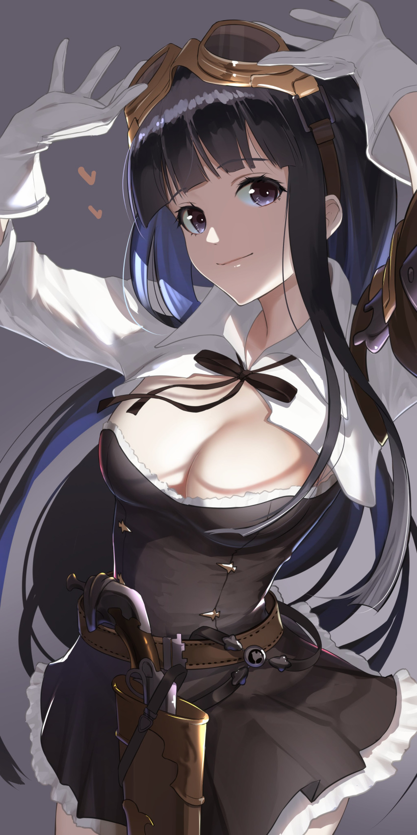 absurdres aiu_eo bad_id bad_twitter_id black_eyes black_hair breasts cleavage female gloves goggles goggles_on_head granblue_fantasy gun handgun highres jessica_(granblue_fantasy) large_breasts long_hair looking_at_viewer ribbon simple_background smile solo weapon white_gloves