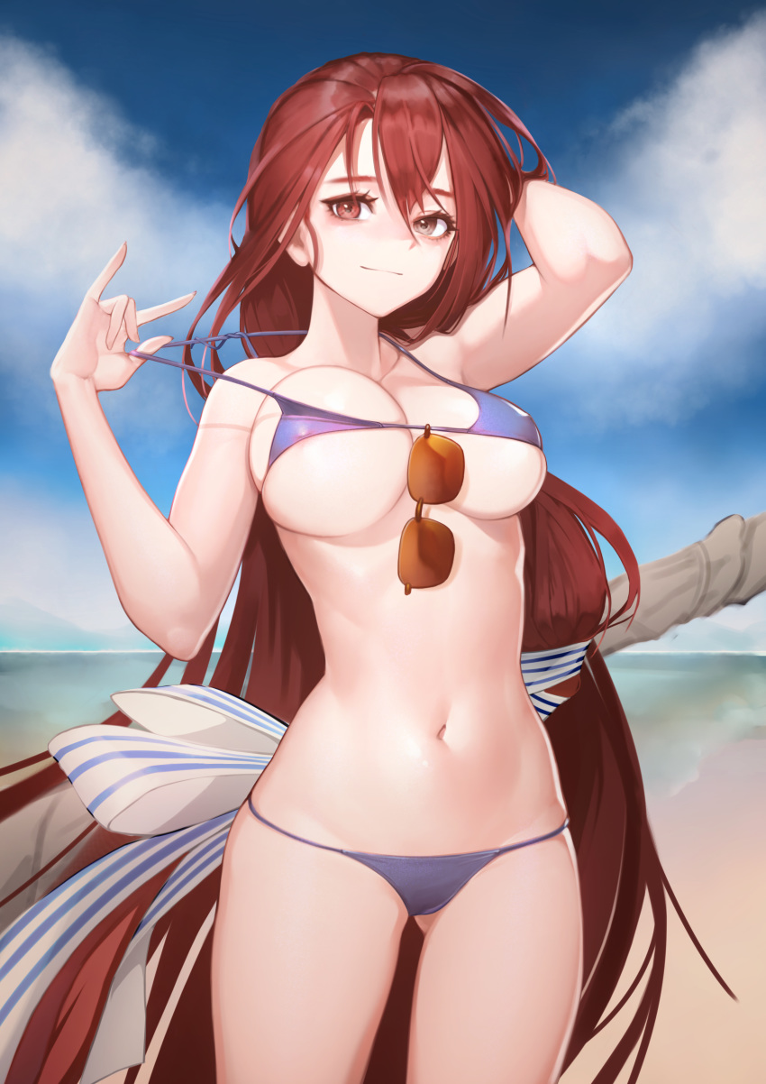 absurdres bare_arms bare_shoulders bikini bikini_pull blue_bikini bow breasts brown_eyes brown_hair cleavage clothes_pull commentary day doha_skylightscent female hair_between_eyes highres korean_commentary large_breasts last_origin long_hair looking_at_viewer navel official_alternate_costume outdoors photoshop_(medium) smile solo sunglasses swimsuit valkyrie_(last_origin) very_long_hair white_bow