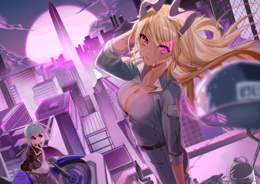 2girls autonomous_android_mk.2 biker_clothes blonde_hair blue_hair breasts cleavage colored_skin curled_horns dark_magician_beth glasses glowing glowing_eye guardian_tales horns janitor looking_at_viewer miwano_rag motor_vehicle motorcycle multiple_girls open_mouth pink_skin purple_background purple_eyes smirk sunglasses urban