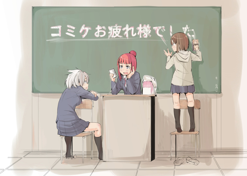 3girls bag blazer boar brown_hair chair chalkboard commentary_request dress eraser highres hood hoodie jacket kisen_shijima long_sleeves multiple_girls necktie red_hair school_uniform short_hair table tied_hair white_hair