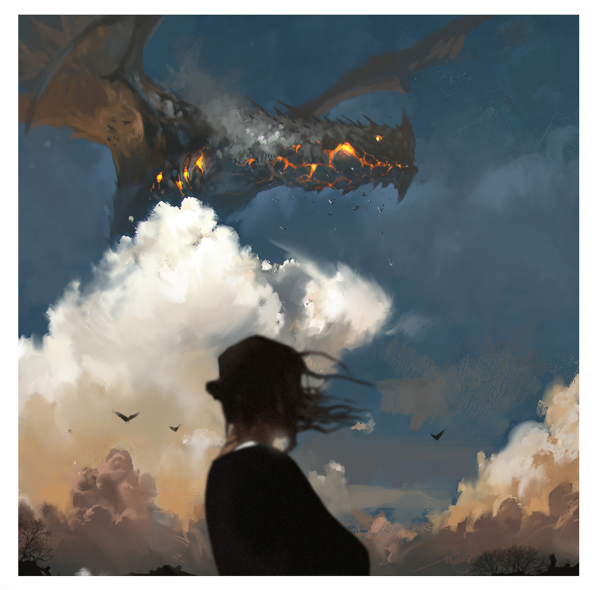 absurdres animal bird blurry blurry_foreground border cloud cloudy_sky commentary dragon fantasy female glowing glowing_eye highres kalmahul original scenery short_hair sky white_border wings