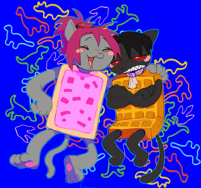 2000s_theme alternate_form alternate_species ambiguous_gender anthro anthrofied attack_on_titan black_body black_fur colorful_theme crossed_arms domestic_cat duo eyewear eyewear_on_head facial_hair felid feline felis food food_creature frown fur furrification goggles goggles_on_head hair handpaw hange_zoe hindpaw levi_ackerman living_pastry male mammal meme nyan_cat nyan_cat_(copyright) okamiwolven open_mouth open_smile pawpads paws pink_hair ponytail pop-tarts poptart_cat poptart_creature sharp_teeth silly_bandz smile tac_nayn tail teeth