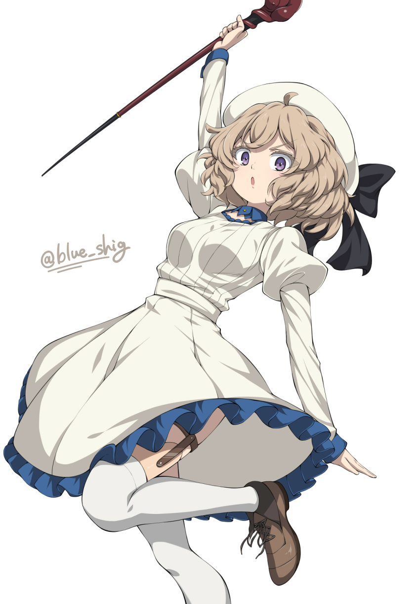 :o anime_coloring beret blonde_hair blue_shig cane dress feet_out_of_frame female hat highres iwanaga_kotoko kyokou_suiri long_sleeves looking_at_viewer prosthesis prosthetic_leg purple_eyes short_hair simple_background skirt solo standing thighhighs twitter_username white_background white_dress white_hat white_thighhighs