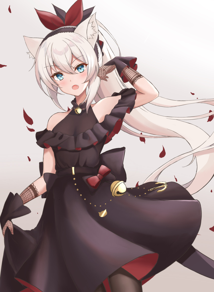 anchor animal_ears arm_up azur_lane bare_shoulders bell black_dress black_headband black_pantyhose blue_eyes blush bow breasts budesonide cat_ears commentary dress fangs female fishnet_gloves fishnets gloves gradient_background hair_ornament hammann_(azur_lane) hammann_(prideful_fairy_of_the_ballroom)_(azur_lane) headband highres jingle_bell long_hair looking_at_viewer neck_bell official_alternate_costume open_mouth pantyhose petals pleated_dress ponytail ribbon solo symbol-only_commentary two-tone_dress very_long_hair white_hair