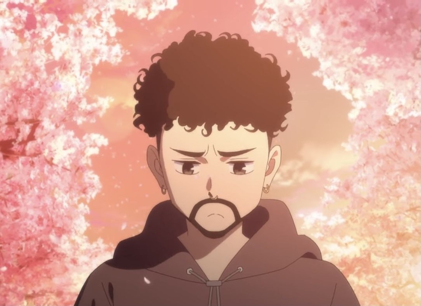 1boy anime_screenshot bad_bunny beard black_eyes black_hair black_hoodie cherry_blossoms curly_hair earrings facial_hair frown hood hood_down hoodie jewelry male_focus official_art petals real_life sky solo third-party_source upper_body