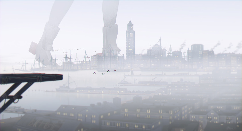 bird black_thighhighs boston building female fog giant giantess highres kantai_collection out_of_frame outdoors prinz_eugen_(kancolle) rudder_footwear scenery seo_tatsuya smoke solo thighhighs town