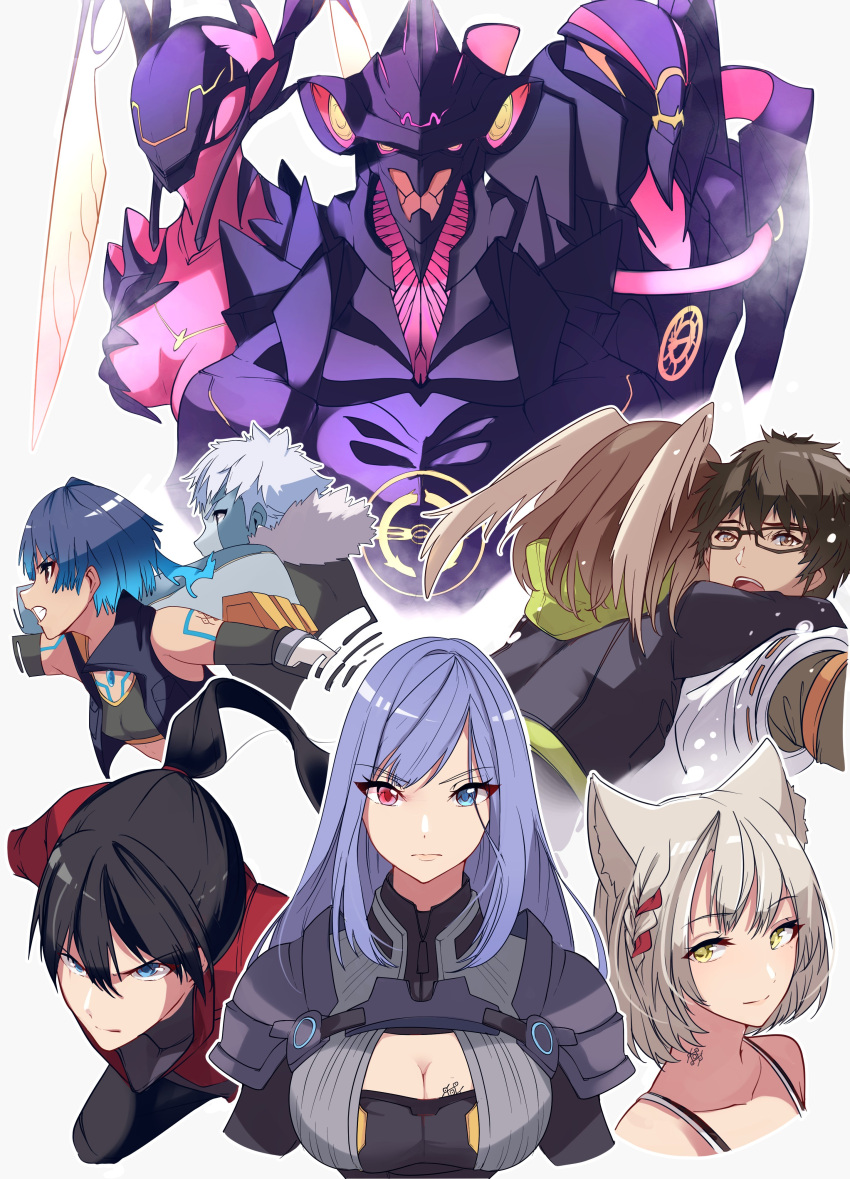 3boys 4girls absurdres animal_ears black_bodysuit black_choker black_hair black_jacket blue_eyes bodysuit breast_tattoo breasts camisole cat_ears chakram chest_jewel choker collarbone crop_top ethel_(xenoblade) eunie_(xenoblade) hair_tie head_wings heterochromia highres hood hug jacket lanz_(xenoblade) leggings long_hair looking_at_viewer mio_(xenoblade) multiple_boys multiple_girls noah_(xenoblade) open_clothes open_jacket open_mouth origami ouroboros_(xenoblade) pantyhose ponytail red_hair red_jacket risumi_(taka-fallcherryblossom) sena_(xenoblade) short_hair shoulder_strap simple_background skirt small_breasts smile sword taion_(xenoblade) tank_top tattoo weapon white_camisole white_hair white_jacket white_skirt white_tank_top white_wings wings xenoblade_chronicles_(series) xenoblade_chronicles_3 yellow_eyes