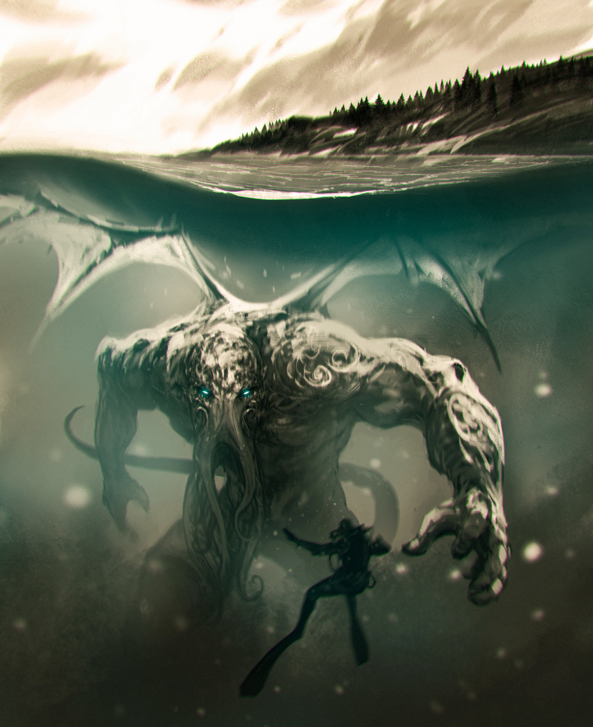 1other absurdres ambiguous_gender cloud cloudy_sky commentary cthulhu cthulhu_mythos eldritch_abomination glowing glowing_eyes highres horror_(theme) kalmahul looking_at_another monster outdoors scenery sky tail tentacle underwater water wings