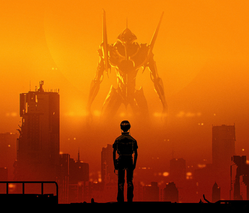 1boy absurdres city commentary facing_away from_behind giant glowing glowing_eyes gradient_background highres house ikari_shinji kalmahul looking_at_another male_focus mecha neon_genesis_evangelion orange_background red_background robot short_hair standing