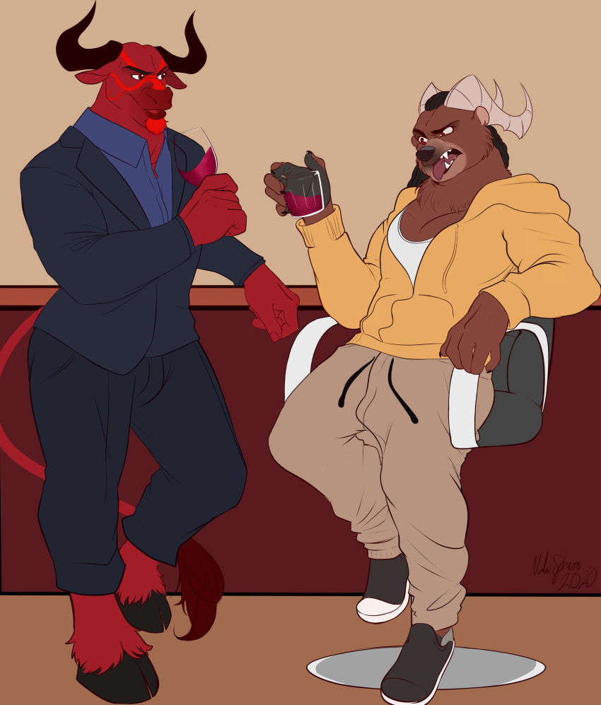 absurd_res akashi alcohol anthro bear beverage bovid bovine brown_bear casual_clothing cattle chair clothed clothing disgust duo fur furniture grizzly_bear hi_res hooves horn male male/male mammal muscular muscular_male naluzk simple_background smile umber_(oskube) ursine wine