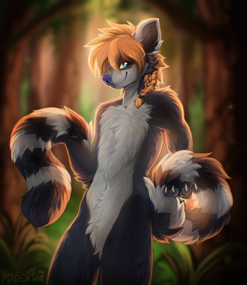 ambiguous_gender anthro backlighting blonde_hair blue_body blue_eyes blue_fur blue_nose blurred_background braided_hair branch cheek_tuft claws digitigrade facial_tuft fingers fluffy fluffy_tail forest fur green_eyes grey_body grey_fur hair hi_res holding_tail holding_tail_up leaf lemur light lighting long_tail magenta7 mammal markings multicolored_body multicolored_ears multicolored_eyes multicolored_fur multicolored_hair multicolored_tail navel nova_(fantomnova) orange_hair outside paws plant primate red_hair ring-tailed_lemur ring_(marking) ringed_tail smile smiling_at_viewer solo spots spotted_body spotted_fur spotted_markings strawberry_blond strawberry_blonde strawberry_blonde_hair strepsirrhine striped_body striped_fur striped_markings striped_tail stripes sunlight tail tail_markings tree tuft vignette white_body white_fur