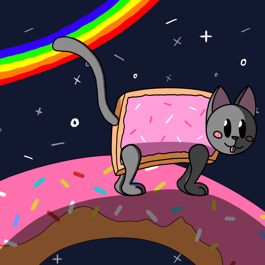 1:1 absurd_res ambiguous_gender blush blush_lines bod1_(artist) dessert digital_drawing_(artwork) digital_media_(artwork) doughnut felid feline feral food fur grey_body grey_fur hi_res mammal meme nyan_cat nyan_cat_(copyright) pastry rainbow solo sprinkles star