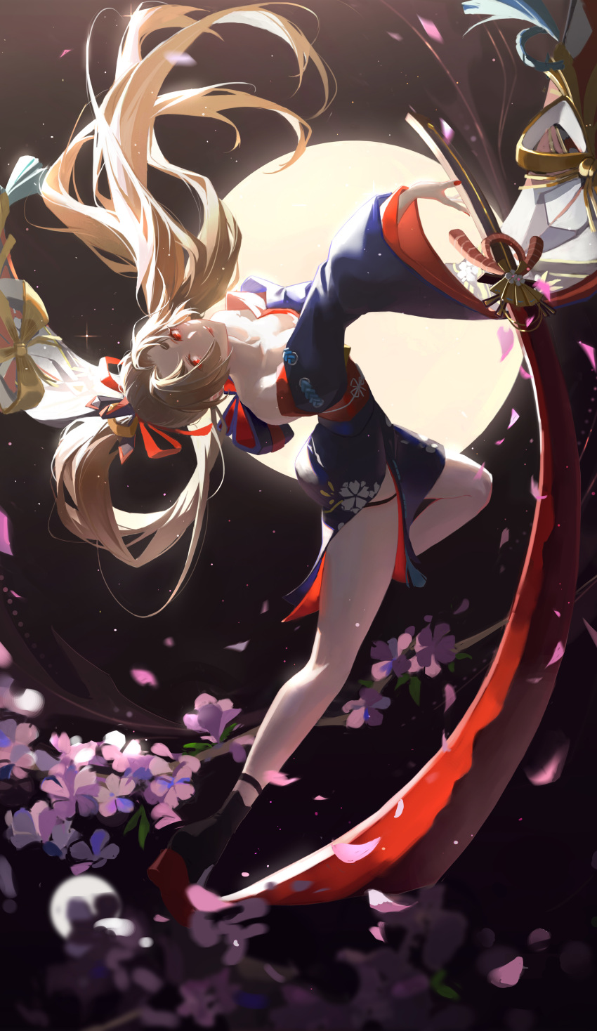 absurdres backflip breasts brown_hair cleavage female floating_hair flower from_behind fs_(21338833) high_ponytail highres japanese_clothes leg_up light long_hair moon nail_polish night official_alternate_costume onmyoji parted_bangs red_eyes red_nails sandals side_slit smile solo sword thigh_strap very_long_hair weapon wind youtou_hime_(onmyoji)