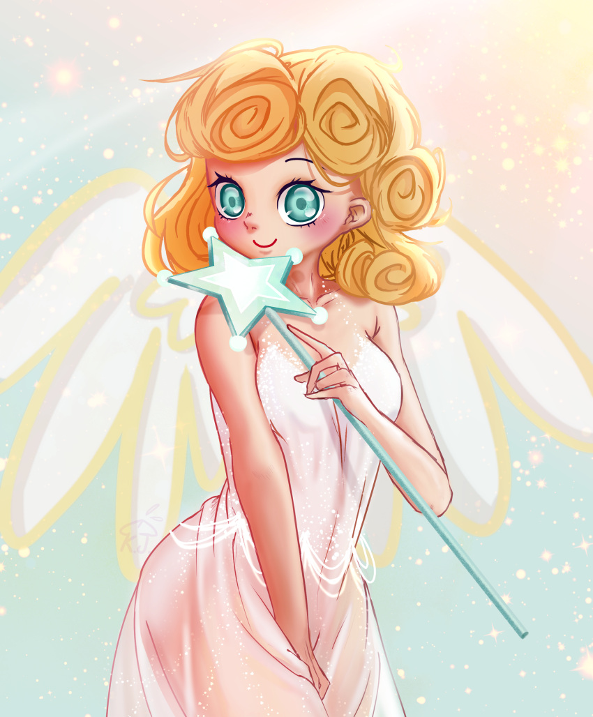 androgynous angel_cookie aqua_eyes blonde_hair closed_mouth cookie_run curly_hair dress eyebrows_hidden_by_hair eyelashes highres humanization looking_at_viewer moe_kayjay one_eye_closed short_hair sleeveless sleeveless_dress smile solo sparkle wand white_dress